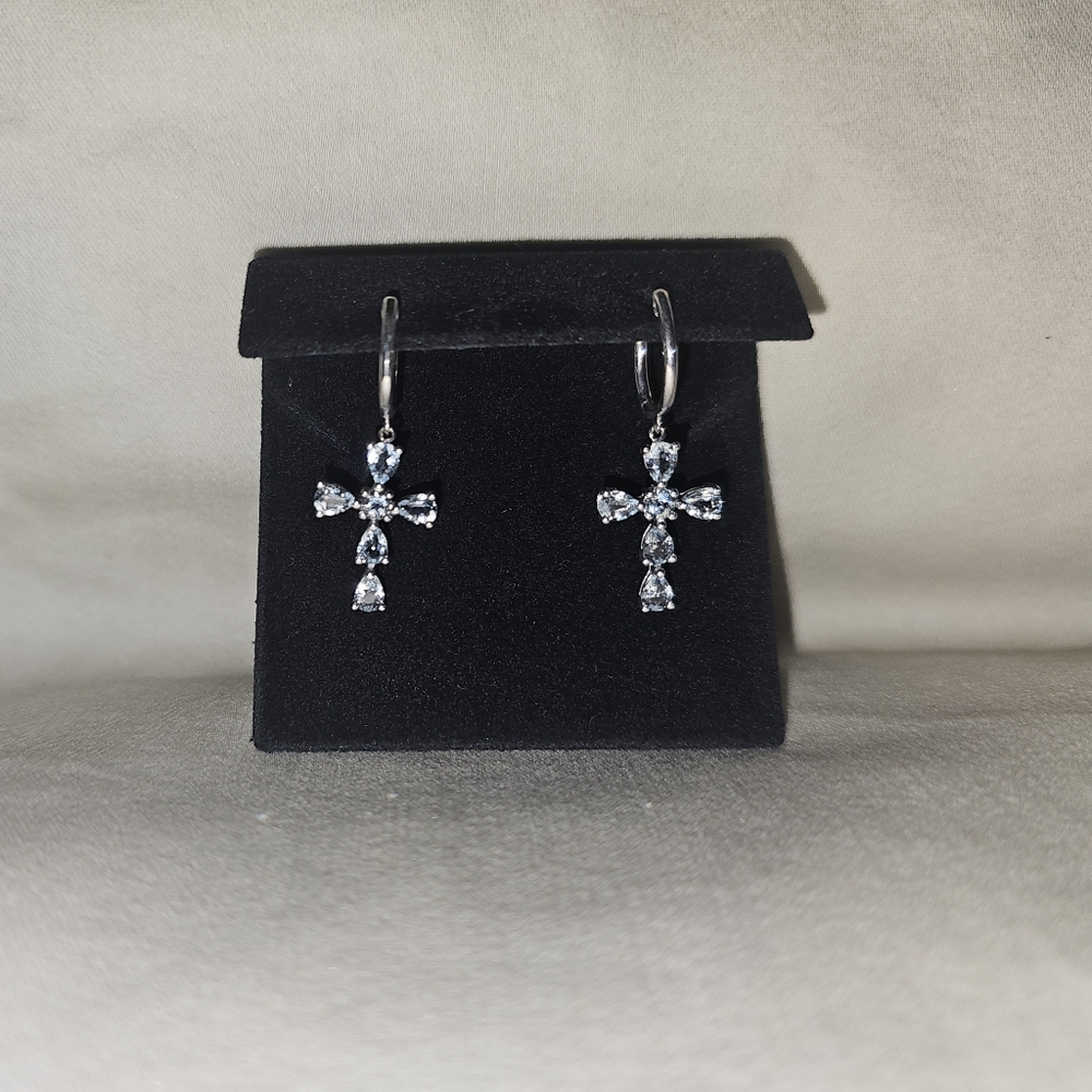 NIB Zales Cross Dangle Earrings - Silver & Aquamarine